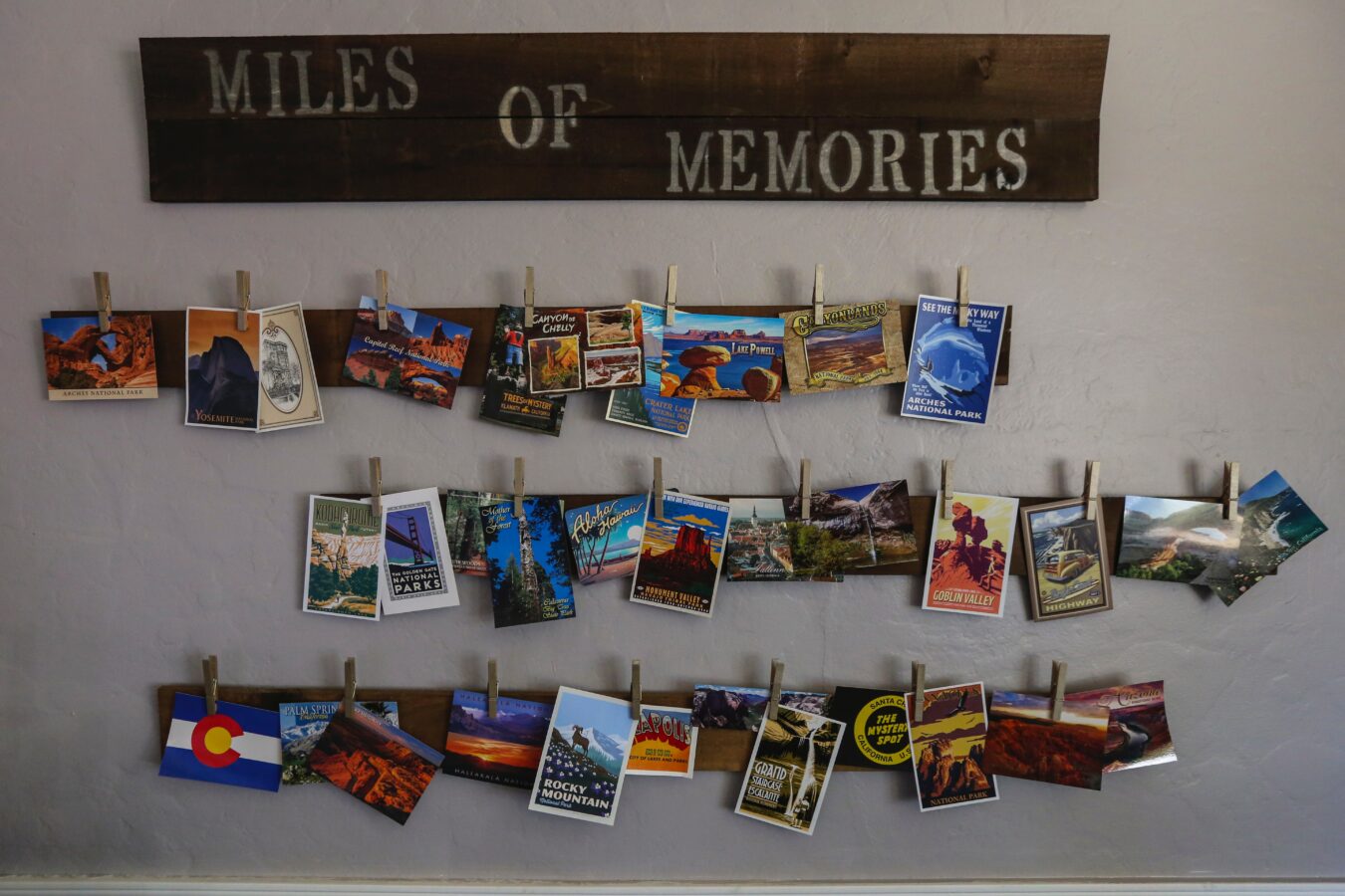 My nephew is a travel hound. He and his wife love road trips and started a wall to illustrate where all they have traveled together. I love the national parks retro design style and that makes up a good portion of the postcards on this wall of memories.